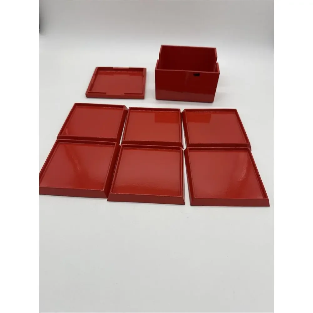Vintage Katja for Prisma Japan Red Lacquer Coaster Set Box 7pc MCM Paint Wear